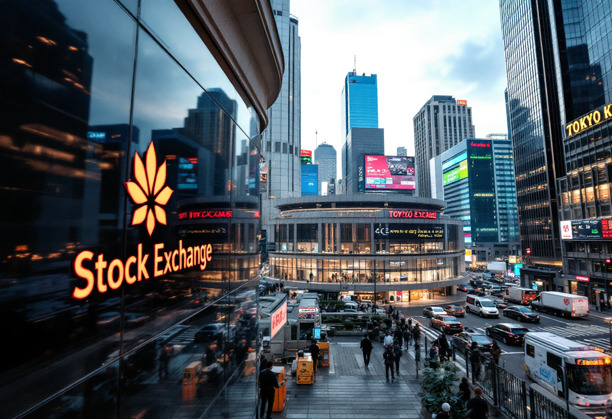 Grafico della Borsa di Tokyo in calo a causa di tensioni commerciali