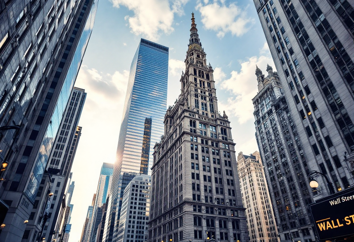 Grafico di Wall Street con segnali positivi e tassi d'interesse